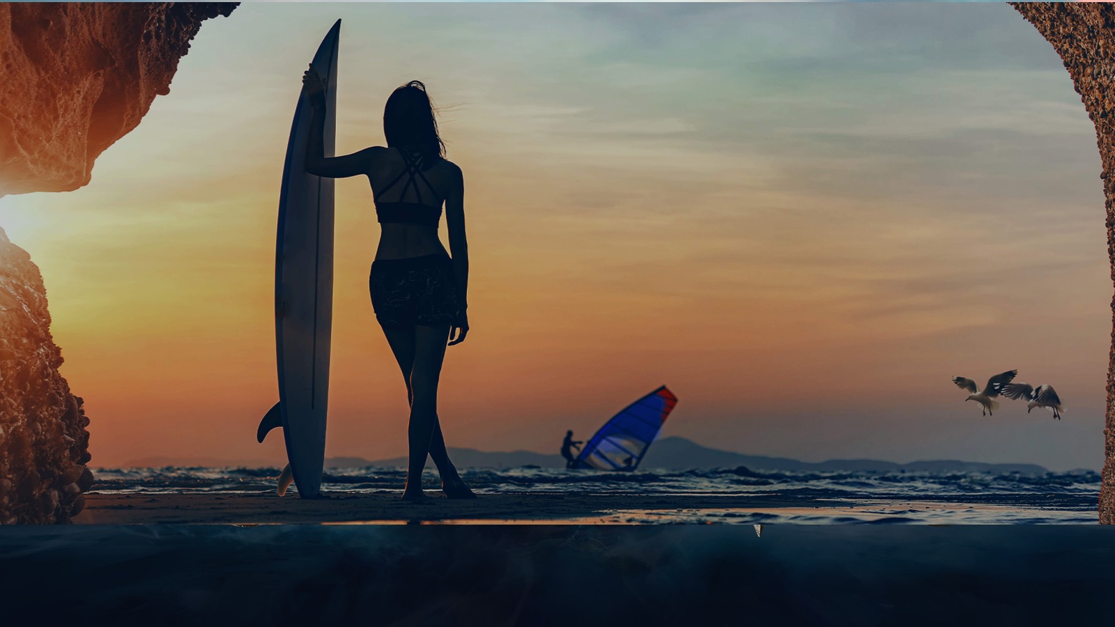 Imagem de uma mulher com uma prancha de surf na praia