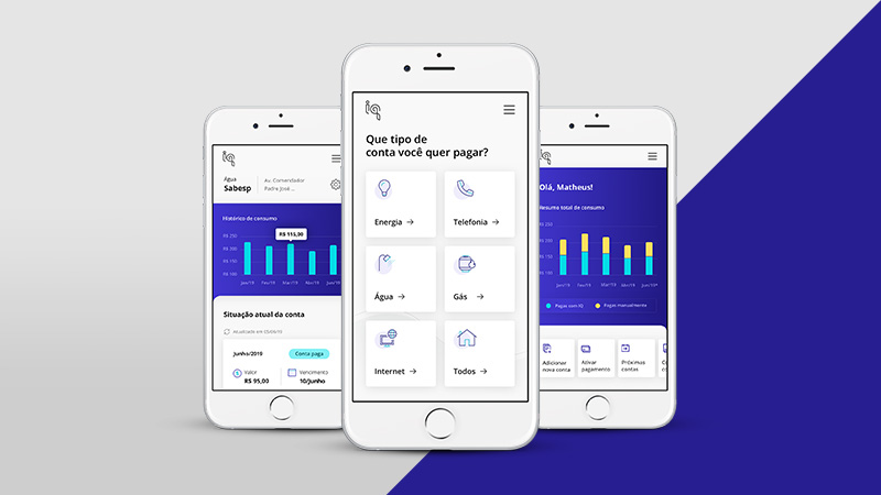 Telas do App iq Contas, que permite pagar as contas do dia a dia com Visa