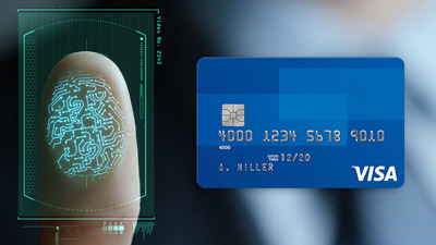 A composite image that includes a biometric fingerprint and a Visa card.