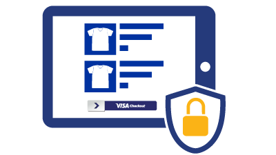 Illustration of an Ipad with Visa Checkout services on its screen and a lock in a shield overlapping the bottom left corner of the Ipad.