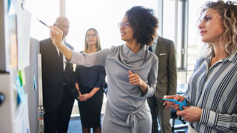 Empreendedora mostrando suas ideias em quadro para a equipe.