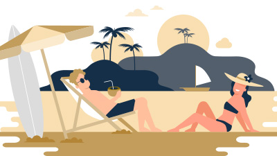 Ilustração de casal curtindo a praia.