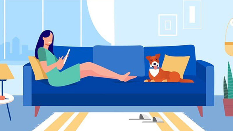 Mulher no sofá Ilustração de uma mulher mexendo no celular e sentada no sofá com seu cachorro