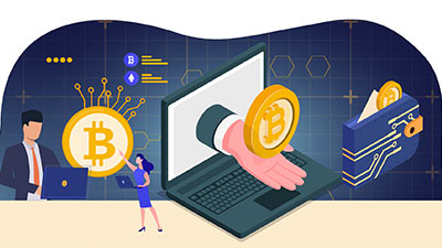 Ilustração de pessoas negociando moedas digitais