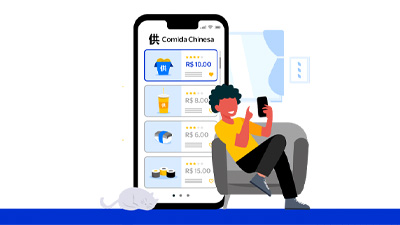 Ilustração de uma pessoa sentada no sofá comprando comida chinesa pelo smartphone