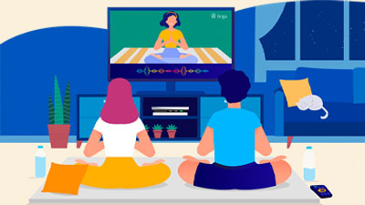 Ilustração de duas pessoas fazendo aula de ioga em frente à Televisão em uma sala de estar