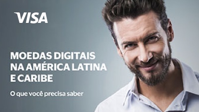 Imagem de um homem utilizando seu tablet e a frase: Moedas Digitais na América latina e Caribe, o que você precisa saber