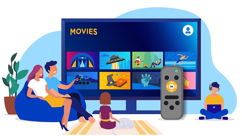Serviços por assinatura Ilustração de uma família em frente a Smart TV consumindo serviços por assinatura