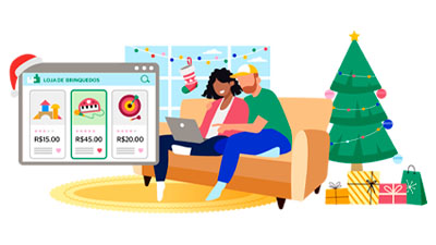 Ilustração de um casal sentado no sofá realizando compras online em loja de brinquedos.
