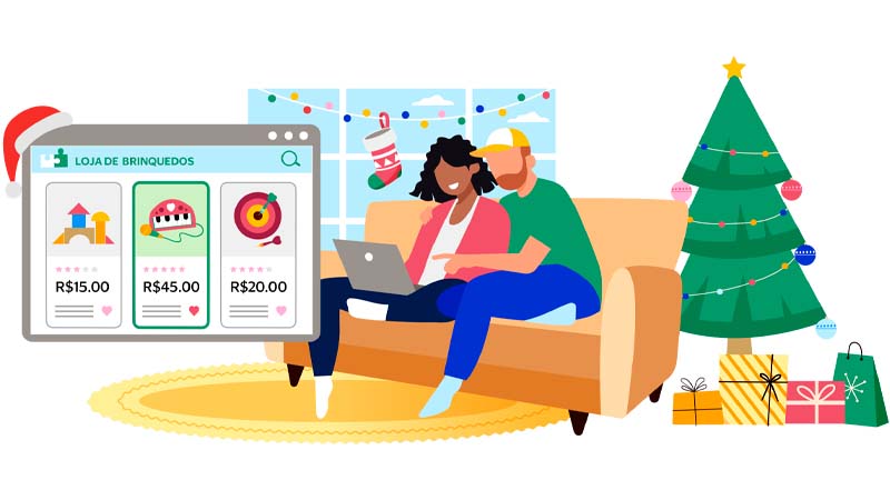 TENDÊNCIAS DE COMPRA NESTE FINAL DE ANO Ilustração de um casal sentado no sofá realizando compras online em loja de brinquedos.