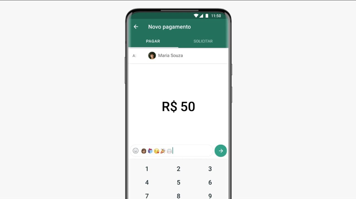 Tela de celular demonstrando pagamento via WhatsApp