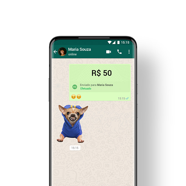 Tela de celular mostrando pessoa enviando dinheiro pelo WhatsApp