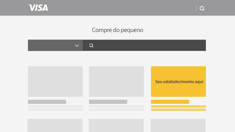 Wireframe da página Compre do Pequeno, com um card destacado em dourado contendo a etiqueta: Seu estabelecimento aqui.