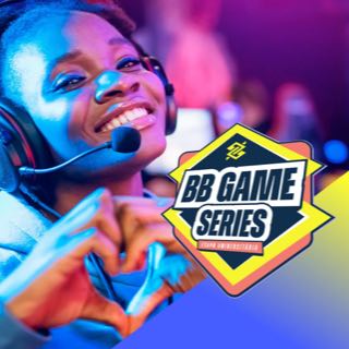 Logo do BB Games Series e foto de uma menina com headphones fazendo o símbolo de coração com as mãos.