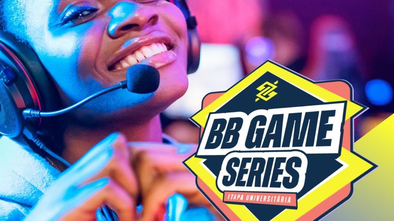 Logo do BB Games Series e foto de uma menina com headphones fazendo o símbolo de coração com as mãos.