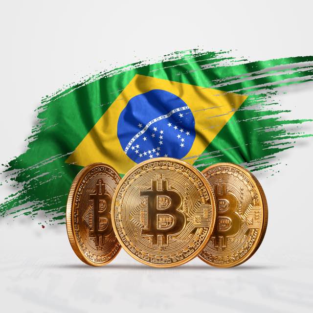 Ilustração de moedas digitais com a bandeira do Brasil atrás