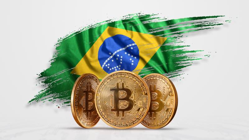 Ilustração de moedas digitais com a bandeira do Brasil atrás