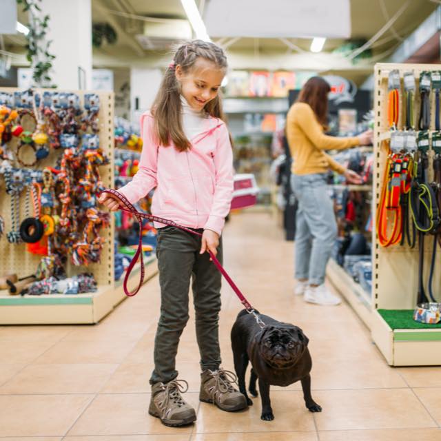 Imagem exibe menina passeando com cachorro dentro de um Pet Shop.