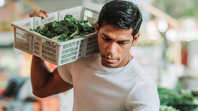 Fotografia de um homem carregando uma caixa com verduras