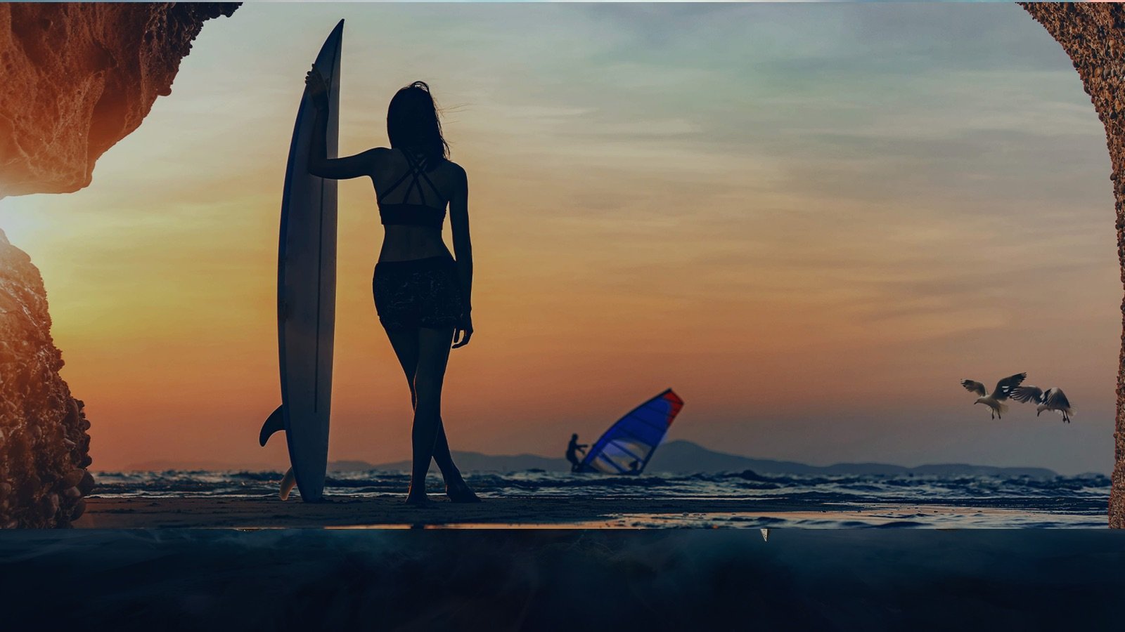 Imagem de uma mulher com uma prancha de surf na praia