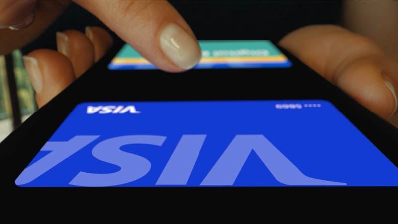 Digital wallet with a blue visa card at the top.